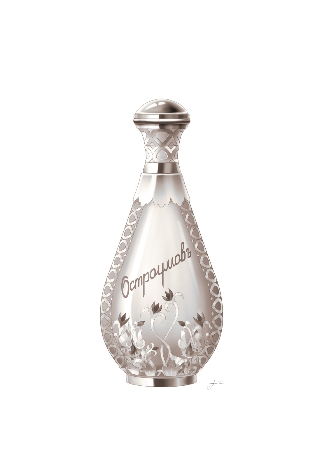 Богато украшенный парфюмерный флакон с надписью Остроумов